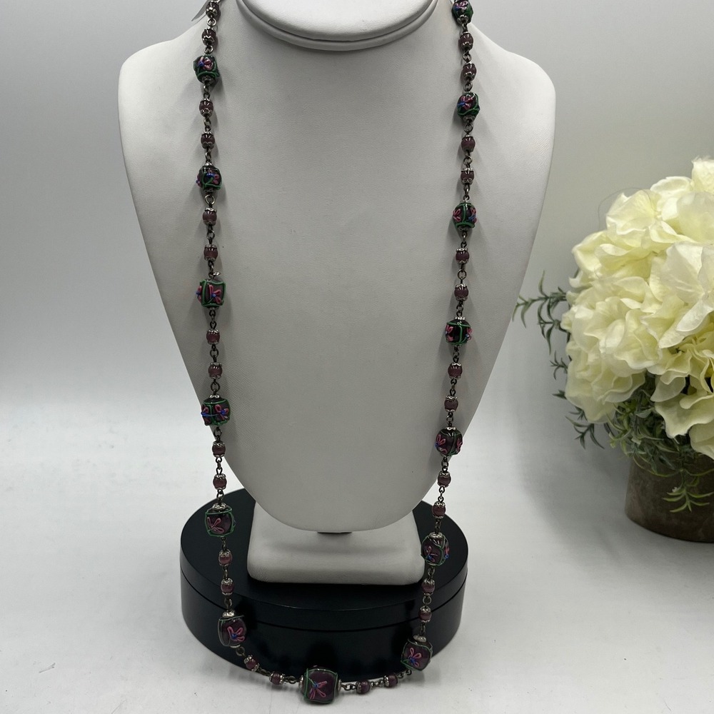 Vintage Murano Wedding Cake Purple Pink Floral‎ Glass Beaded Necklace
30"